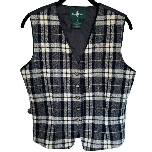 Vintage Hunter Club Wool Blend Plaid Vest Women Size 8 Gray Black Lightweight - Picture 1 of 6